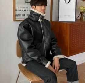 Men's Lamb Fur PU Leather Jacket with Zipper (One Piece) Pi-Mart