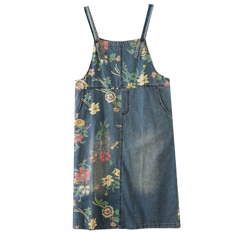 Women's Plus Size Retro Age-reducing Denim Print Suspender Skirt LadyShow.Store