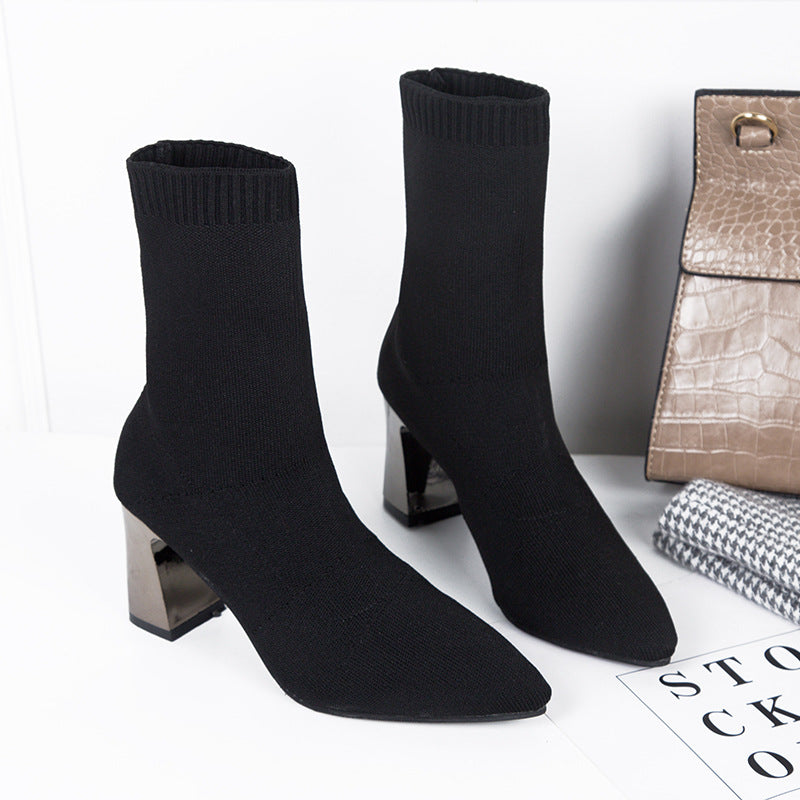 Thick Heel Elastic Thin Net Red Socks Boots Mid-tube Pointed Toe High-heeled Short Boots Women LadyShow.Store
