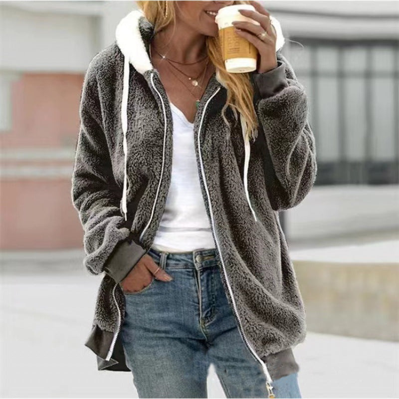 2026 Amazon Hot Selling New Autumn And Winter Loose Plush Zipper Hooded Jacket For Women, Fashionable And Versatile NorixaFashion.com