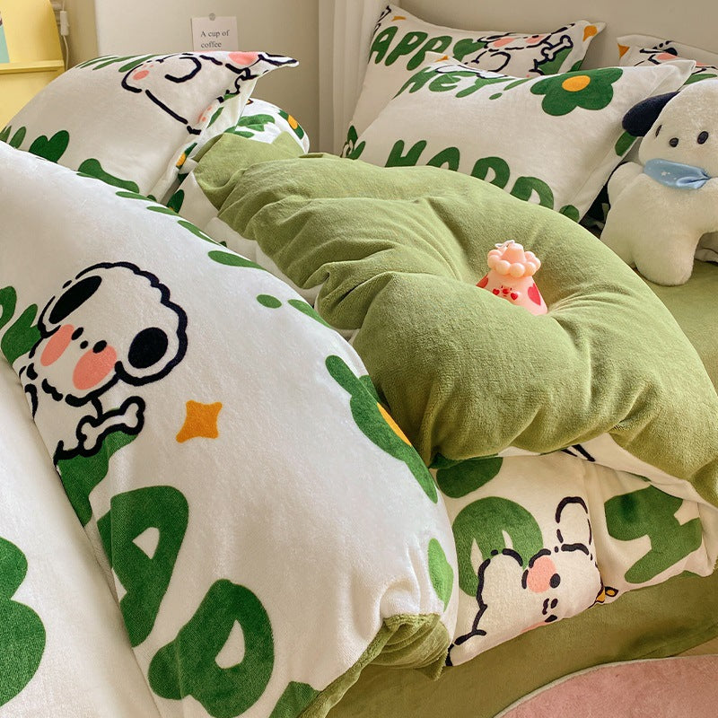 Winter Thickening Milk Fiber Bed Four-piece Coral Velvet Quilt Cover Flange Double-sided Bed Sheet Three-piece Bedding CJD2