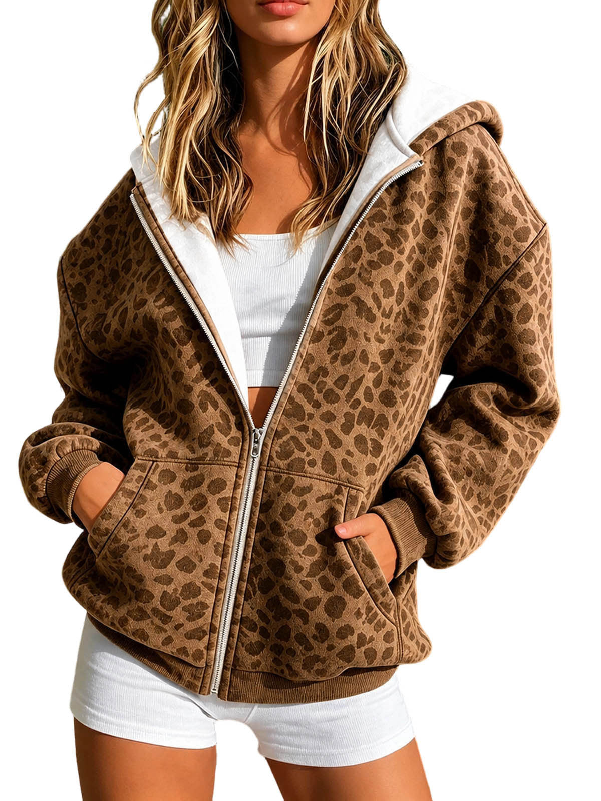 2026 Cross Border European And American Women's Fashion Leopard Print Hooded Zipper Sweatshirt Jacket Loose Casual Long Sleeve Cardigan Top NorixaFashion.com