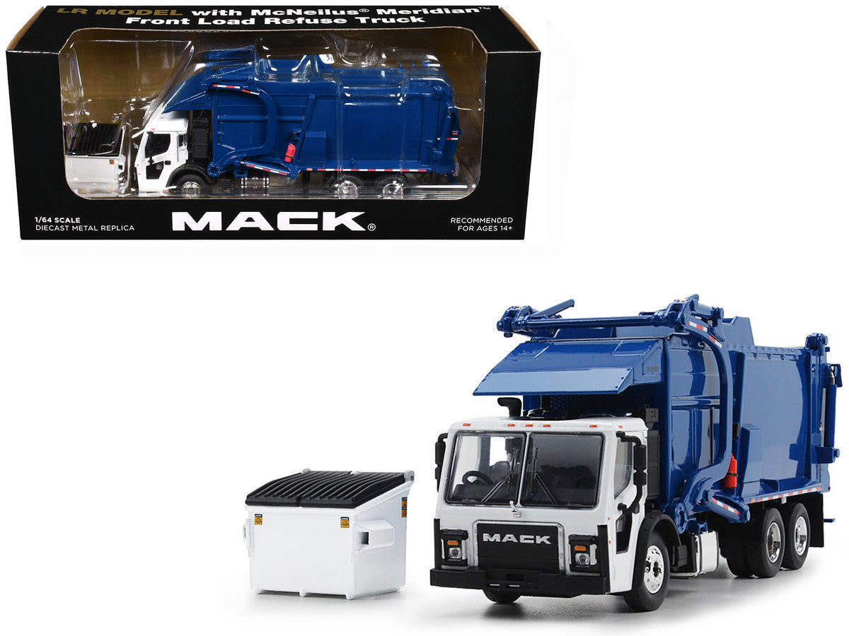 Mack LR Refuse Garbage Truck with McNeilus Meridian Front Loader White and Blue with Trash Bin 1/64 Diecast Model by DCP/First Gear LuxuryLifeWay Online Store