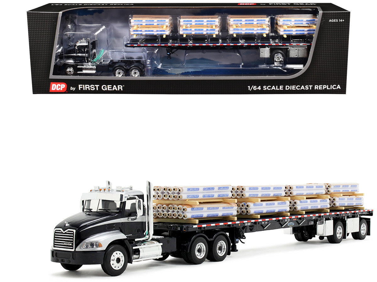 Mack Pinnacle Day Cab with Minimizer Parts & 53' Wilson Roadbrute Flatbed Trailer with "Carlisle Roofing" Loaded Pallets Black with Silver Top and Stripes 1/64 Diecast Model by DCP/First Gear LuxuryLifeWay Online Store