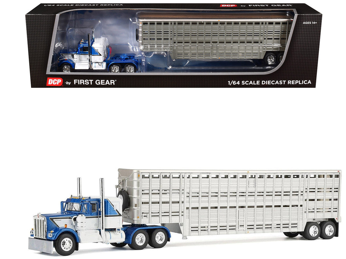 Kenworth W900A with 36" Sleeper and 45' Wilson Vintage Livestock Trailer Mariner Blue and White with Silver Trailer 1/64 Diecast Model by DCP/First Gear LuxuryLifeWay Online Store