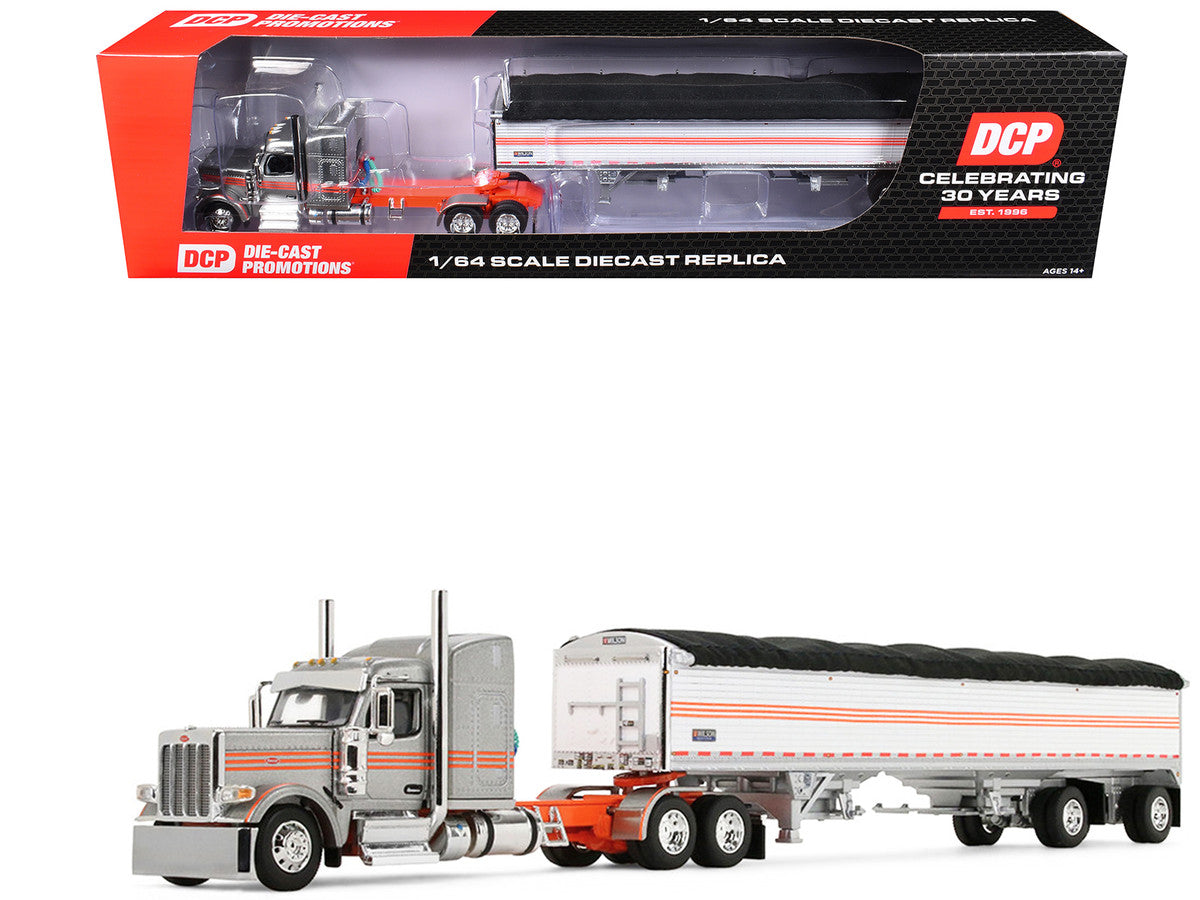 Peterbilt 589 with 58" Mid-Roof Sleeper and 50' Wilson Pacesetter Grain Trailer Silver Metallic with Orange Stripes 1/64 Diecast Model by DCP/First Gear LuxuryLifeWay Online Store
