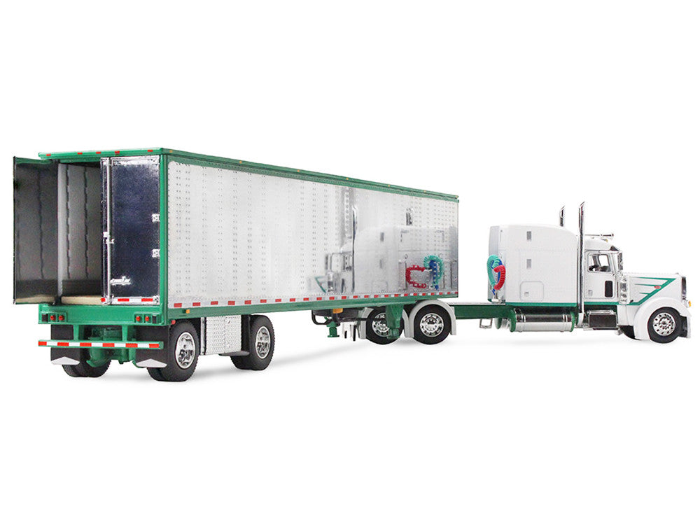 Peterbilt 389 with 63" Mid-Roof Sleeper and 53' Utility Trailer White with Green Stripes 1/64 Diecast Model by DCP/First Gear LuxuryLifeWay Online Store
