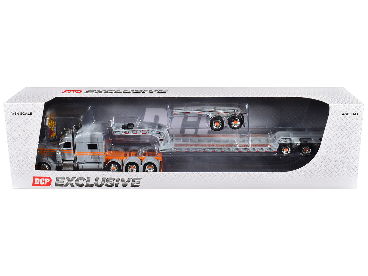 Peterbilt 389 with 70" Mid-Roof Sleeper and Fontaine Magnitude Tri-Axle Lowboy Trailer with Jeep "Capitola Trucking" Gray with Orange Stripes 1/64 Diecast Model by DCP/First Gear LuxuryLifeWay Online Store