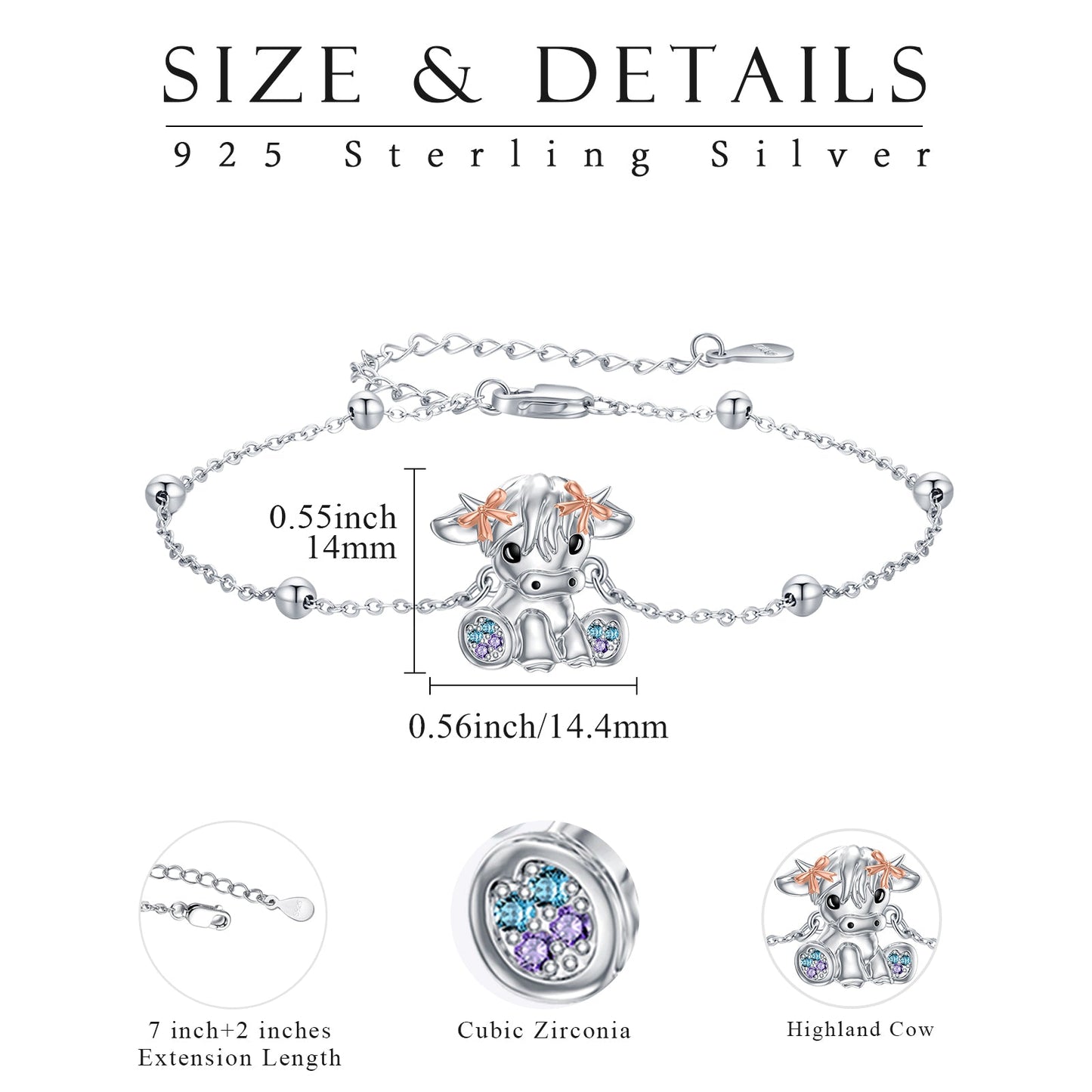 Highland Cow Bracelet Sterling Silver Scottish Cow Bracelet Cute Animal Jewelry for Women LadyShow.Store