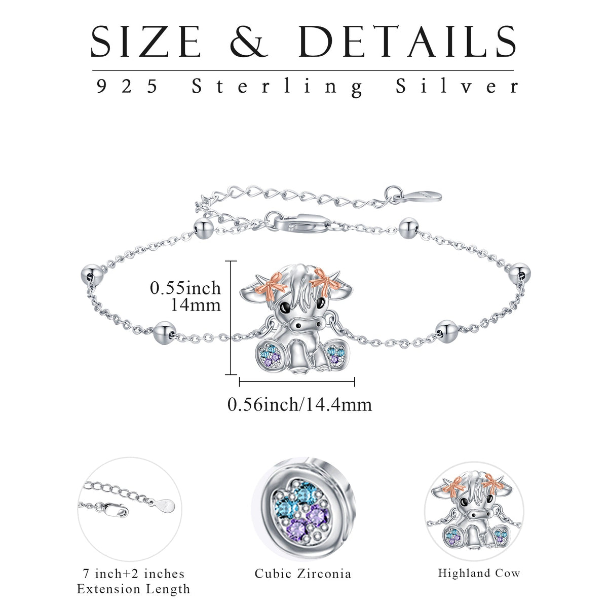Highland Cow Bracelet Sterling Silver Scottish Cow Bracelet Cute Animal Jewelry for Women LadyShow.Store