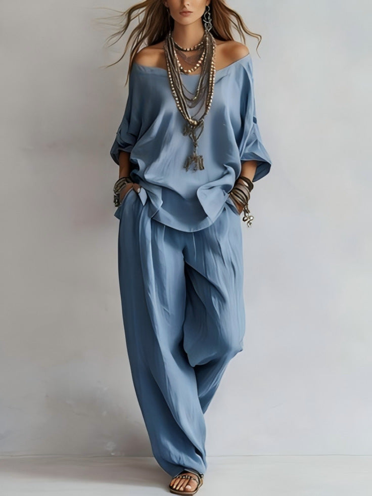 Off-shouder Suits Fashion Three-quarter Sleeves Top And Loose Pockets Wide-Leg Pants Set Women's Clothing NorixaFashion.com