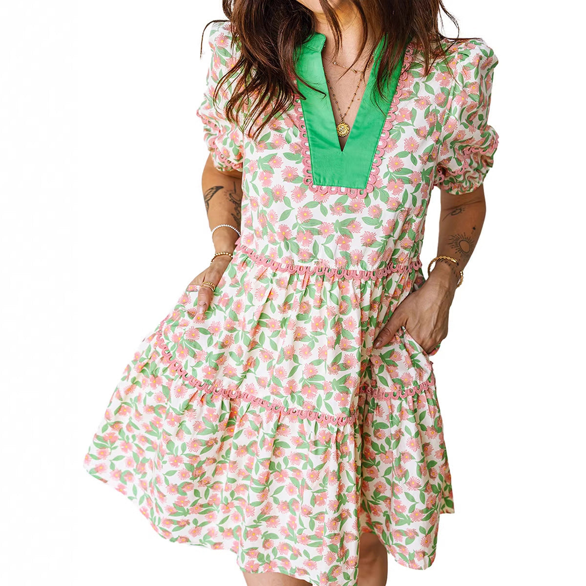 Printed Lace Patchwork Dress Women NorixaFashion.com