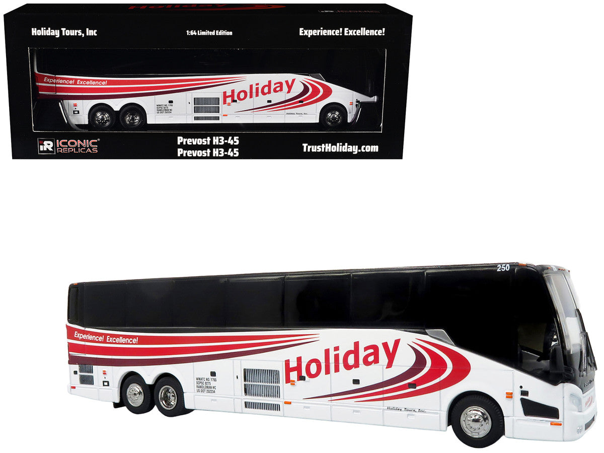 Prevost H3-45 Coach Bus "Holiday Tours" White with Red Graphics Limited Edition 1/64 Diecast Model by Iconic Replicas LuxuryLifeWay Online Store