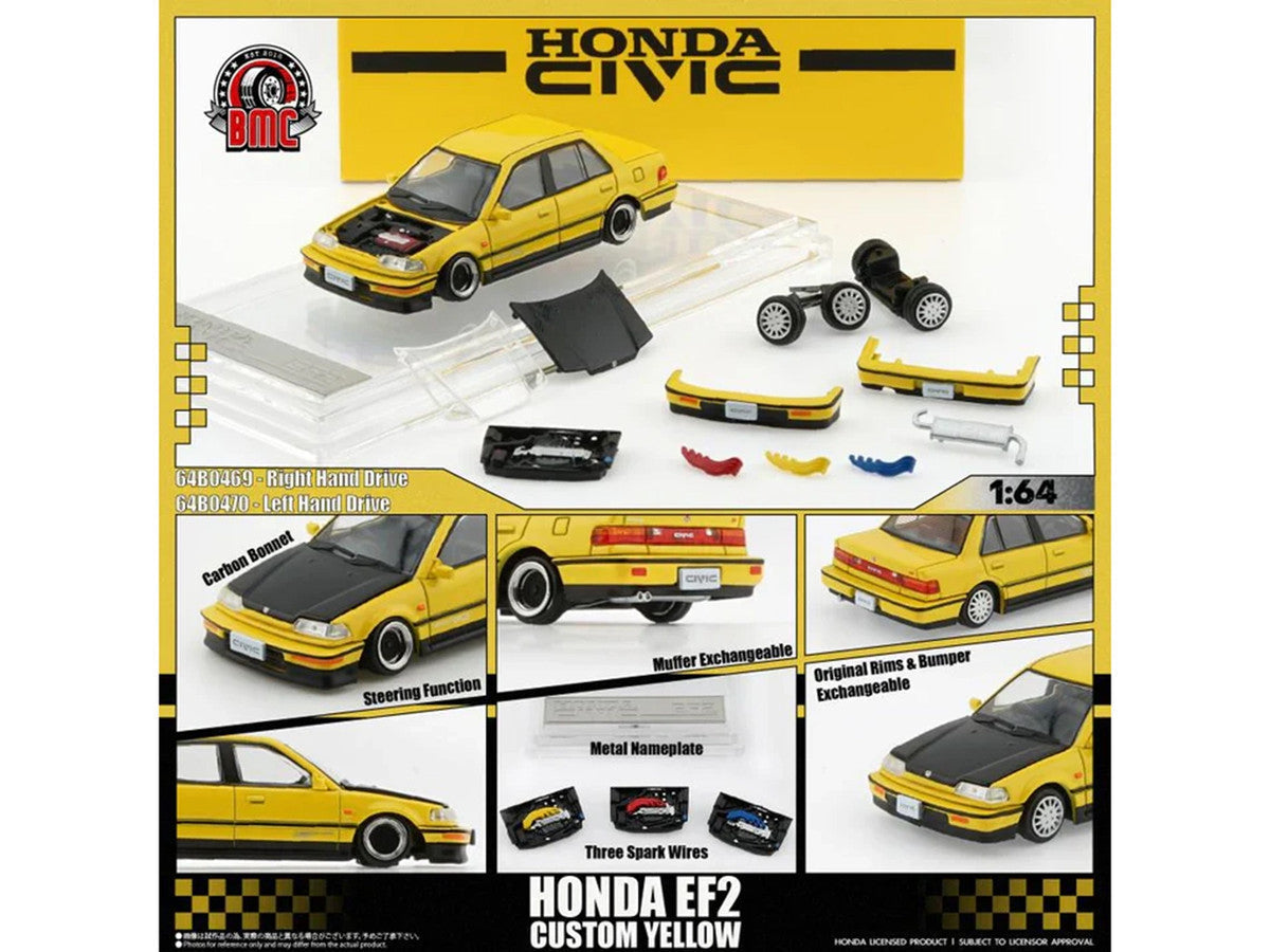 Honda Civic EF2 Custom Yellow with Alternate Parts 1/64 Diecast Model Car by BM Creations LuxuryLifeWay Online Store
