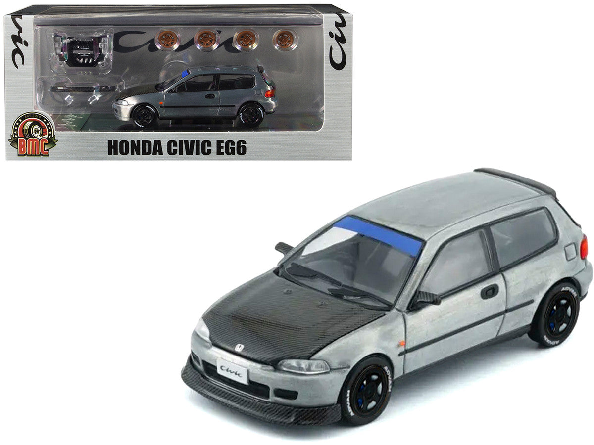 Honda Civic EG6 RHD (Right Hand Drive) Raw Metal with Carbon Hood with Alternates 1/64 Diecast Model Car by BM Creations LuxuryLifeWay Online Store