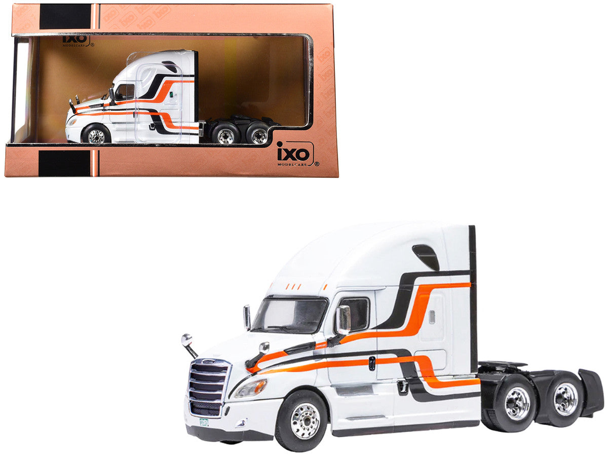 2018 Freightliner Cascadia Truck Tractor White with Black and Orange Stripes 1/64 Diecast Model by IXO Models LuxuryLifeWay Online Store