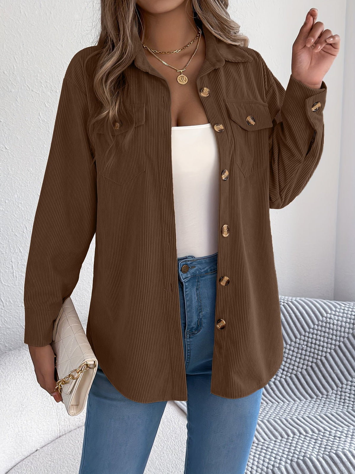 European And American Corduroy Striped Mid-length Coat Shirt NorixaFashion.com