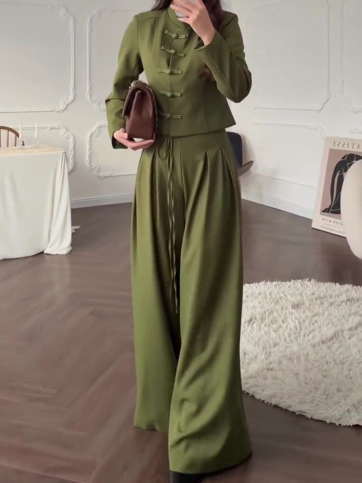 Mandarin Collar Knot Crop Top & Drawstring Wide Leg Pants 2-Piece Set NorixaFashion.com