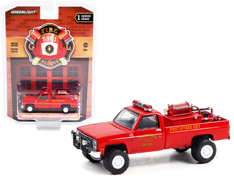 1986 Chevrolet C20 Custom Deluxe Pickup Truck Red First Attack Unit Fire Equipment and Hose and Tank "Lawrenceburg Fire Department" (Indiana) "Fire & Rescue" Series 1 1/64 Diecast Model Car by Greenlight LuxuryLifeWay Online Store