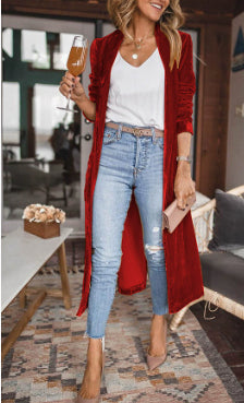 European And American Women's Loose Gold Velvet Elastic Long Coat NorixaFashion.com