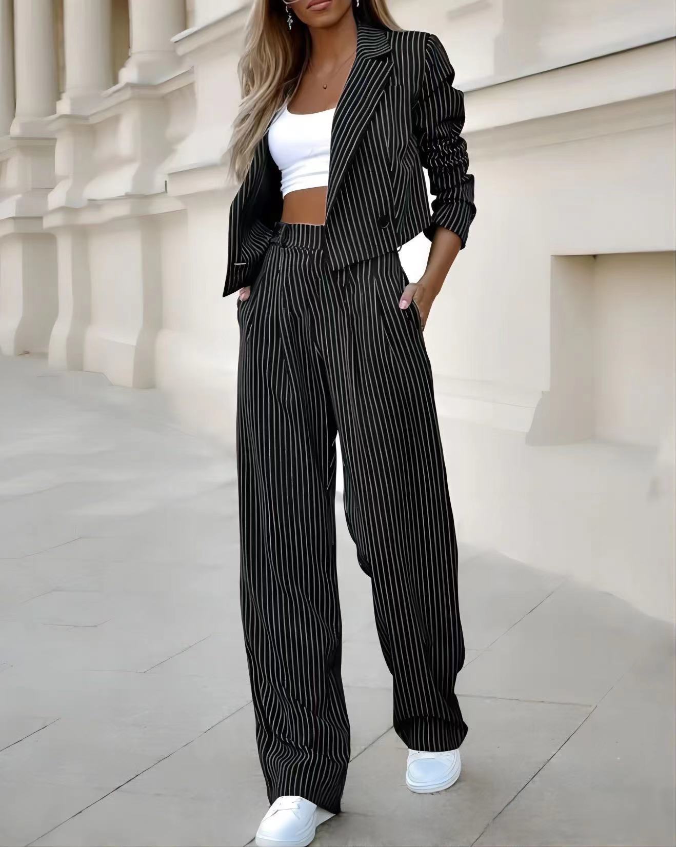 Women's Spring Fashion Striped Suits Casual Lapel Long Sleeve Cropped Top And Straight Pants Outfits Women's Clothing LadyShow.Store