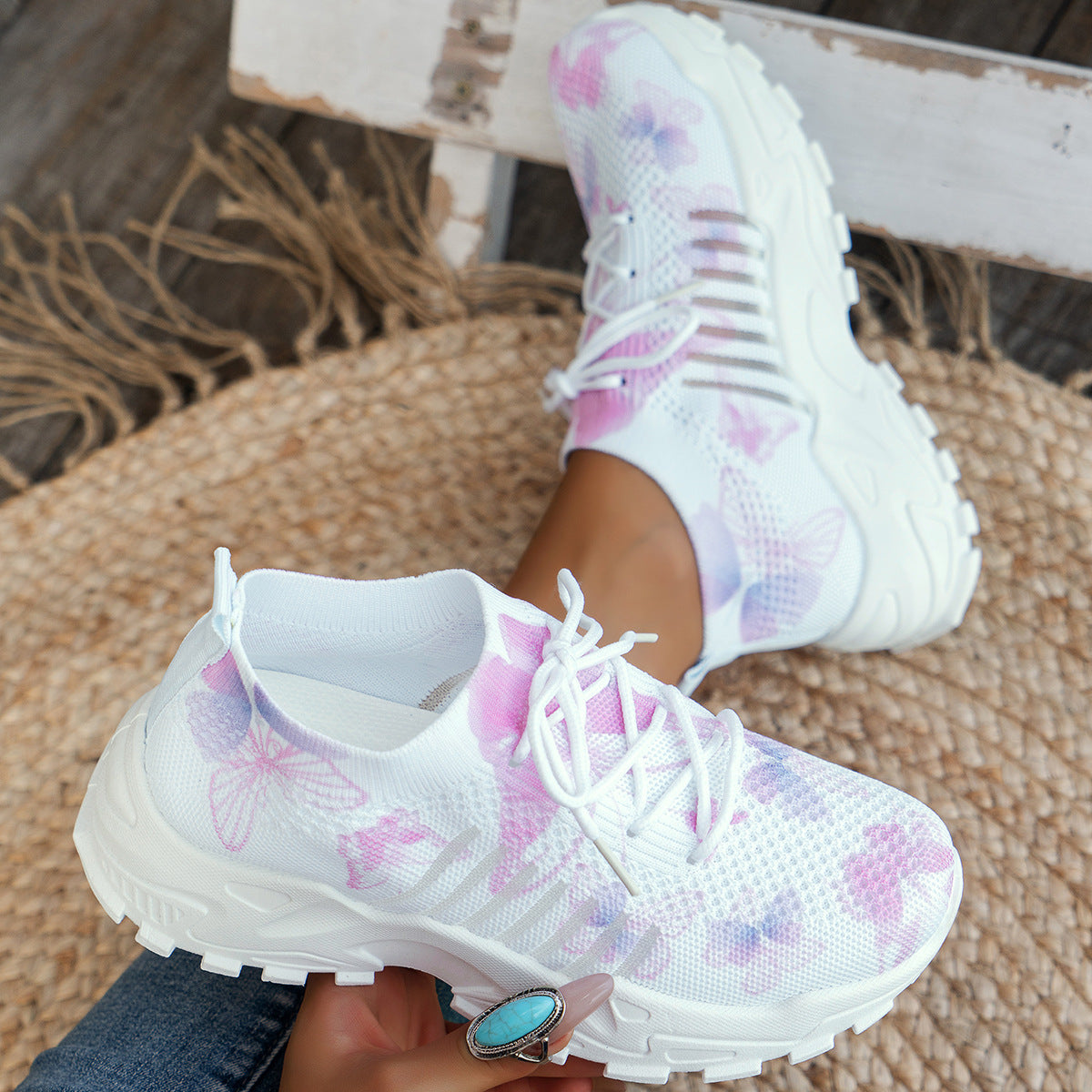 Butterfly Print Mesh Sneakers Women's Flat Heel Casual Shoes Fashion Running Jogging Walking Sports Shoes CJD