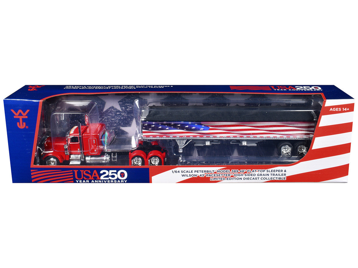 Peterbilt 389 with 48" Flat Top Sleeper and 43' Wilson Pacesetter High Side Grain Trailer "Wilson USA 250" Red 1/64 Diecast Model by DCP/First Gear LuxuryLifeWay Online Store