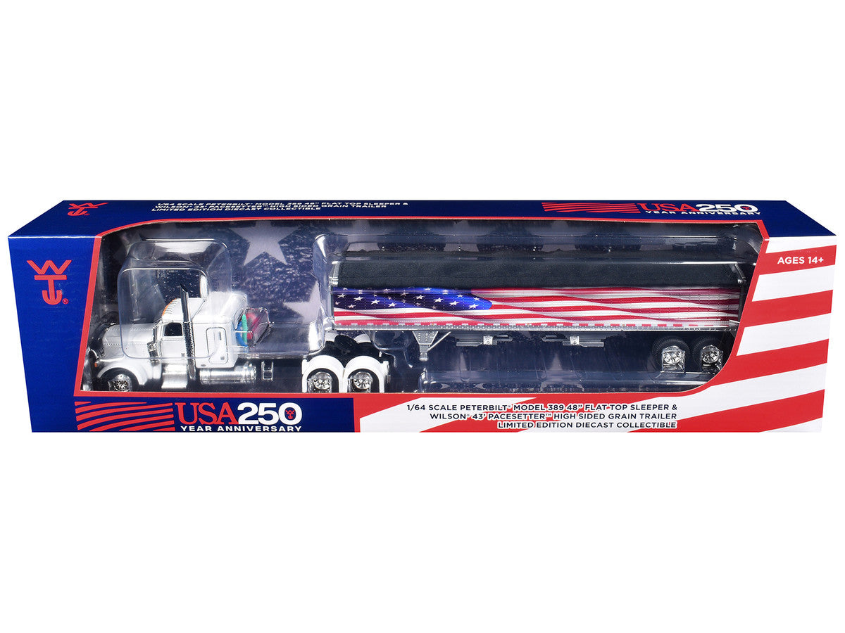 Peterbilt 389 with 48" Flat Top Sleeper and 43' Wilson Pacesetter High Side Grain Trailer "Wilson USA 250" White 1/64 Diecast Model by DCP/First Gear LuxuryLifeWay Online Store
