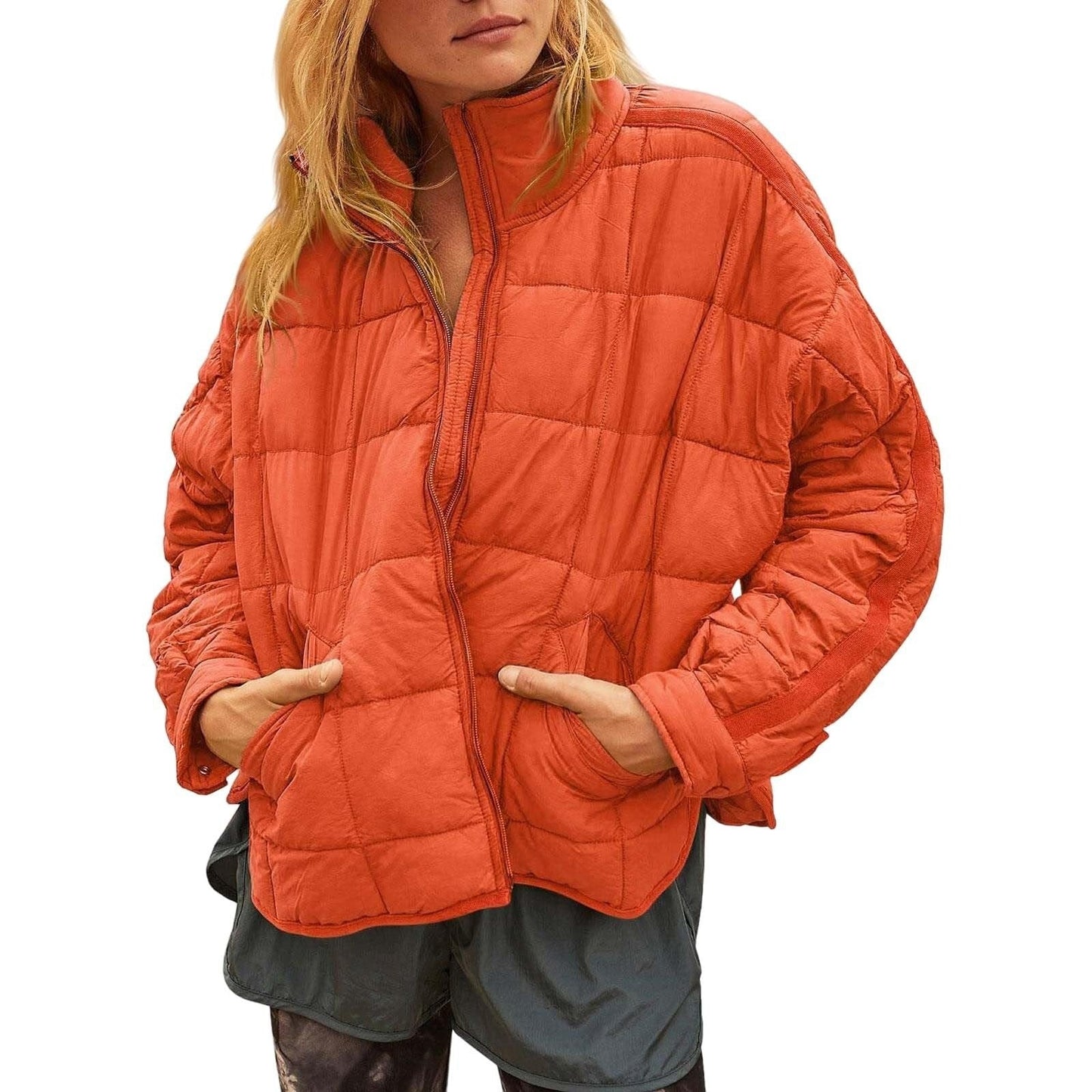 Winter Zip-up Stand Collar Coat With Pockets Fashion Solid Color Plaid Long Sleeved Jacket Women's Clothing LadyShow.Store