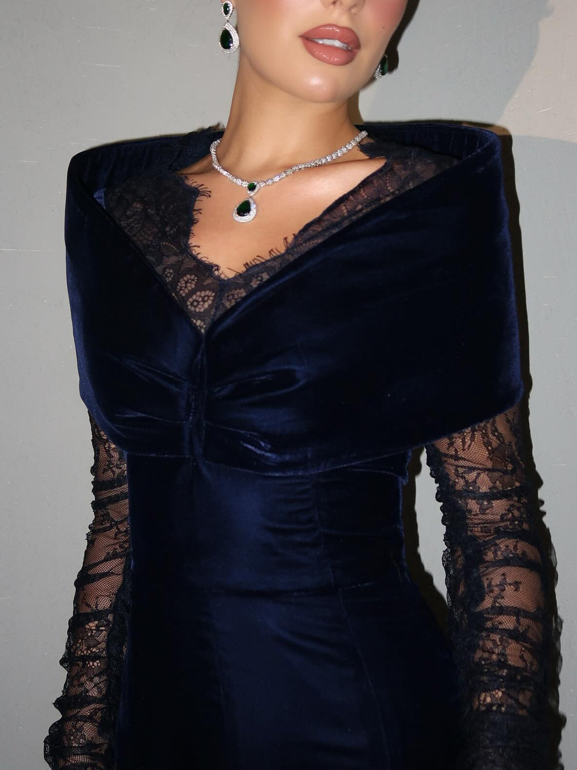 Navy Blue Velvet Lace Long-Sleeve Gown NorixaFashion.com