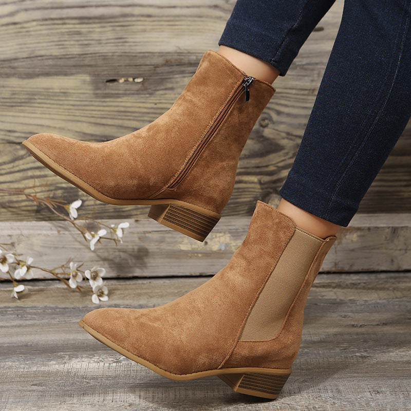 Women's Shoes Mid-calf Suede Pointed-toe Side Zip Chunky Heel Ankle Boots LadyShow.Store