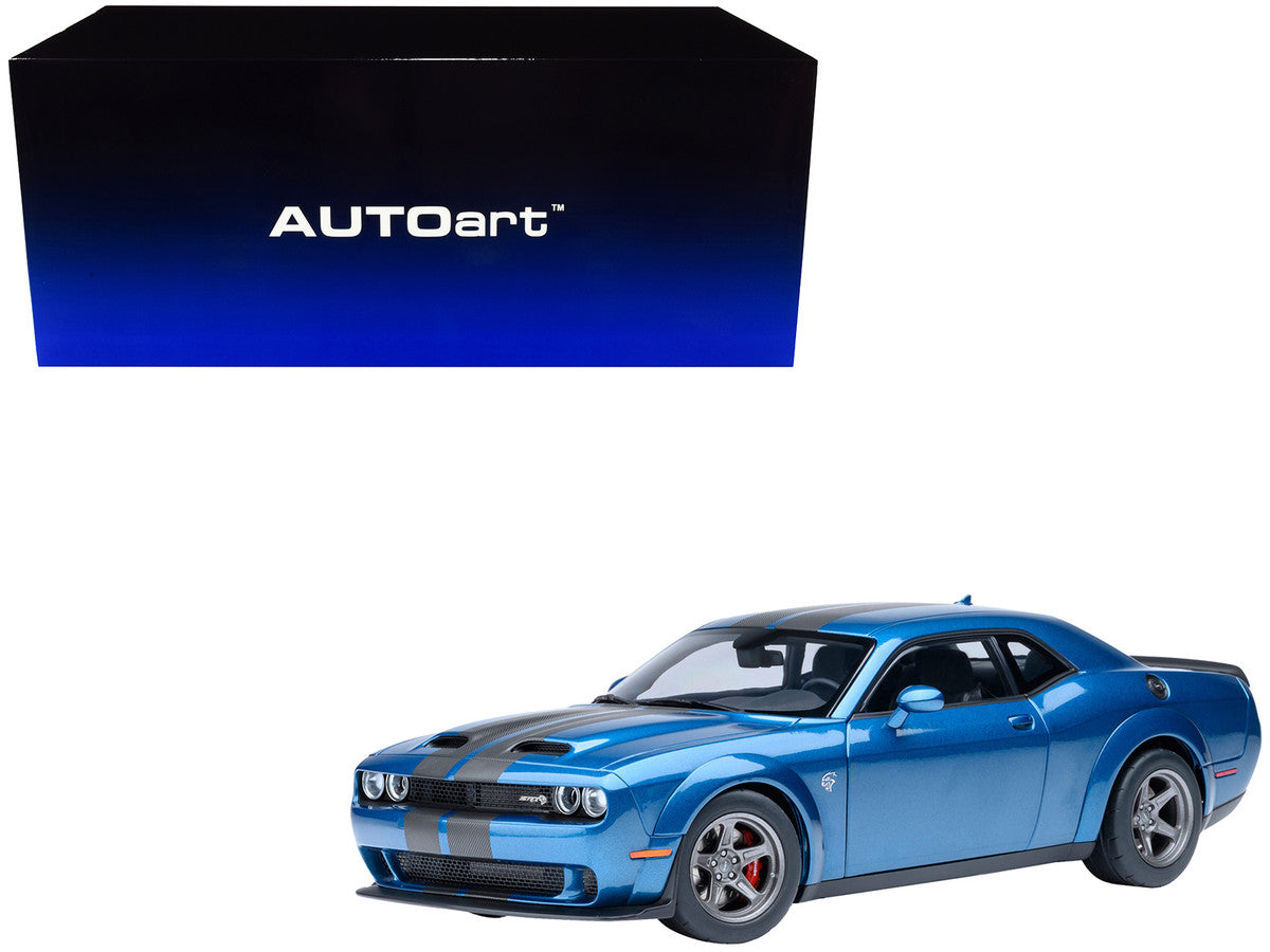 2023 Dodge Challenger SRT Super Stock Frostbite Blue Metallic with Carbon Stripes 1/18 Model Car by Autoart LuxuryLifeWay Online Store