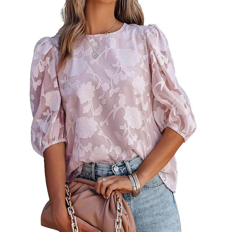 Women's Puff Sleeve Chiffon Loose Top Flower Texture Shirt NorixaFashion.com