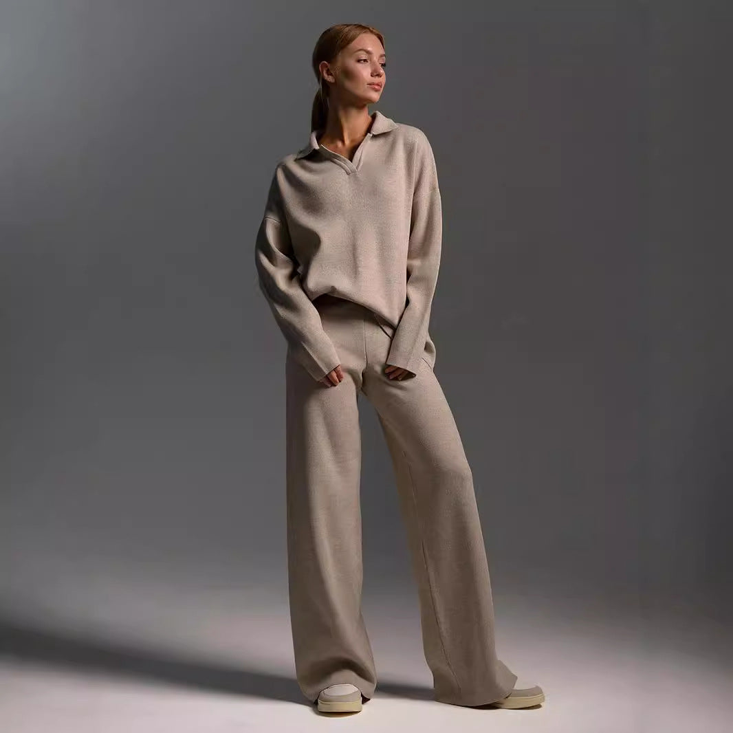 Fall Winter Two Piece Set Women's Simple Loose Solid Color Collar Sweater Set Fashion Casual Sport Wear Set LadyShow.Store