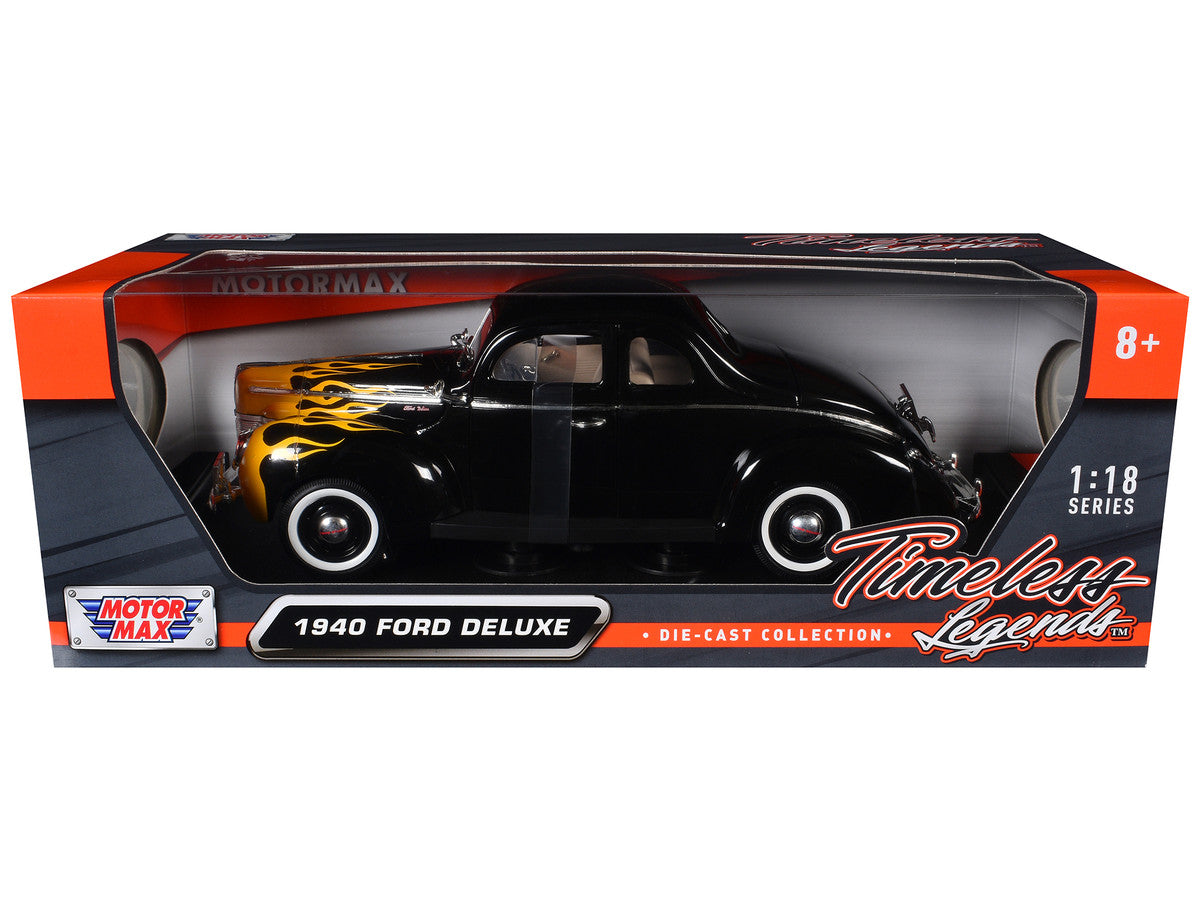 1940 Ford Deluxe Black with Yellow Flames "Timeless Classics" 1/18 Diecast Model Car by Motormax LuxuryLifeWay Online Store