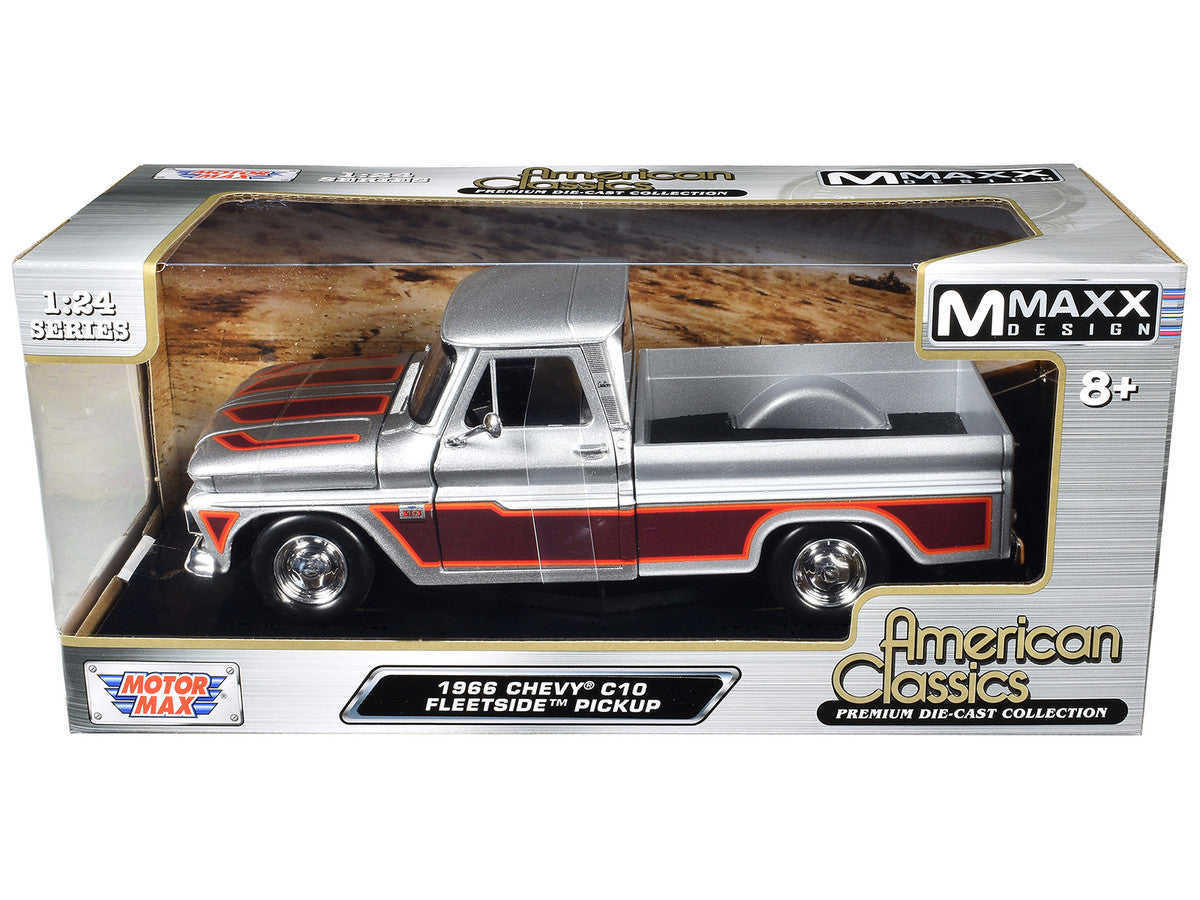 1966 Chevrolet C10 Fleetside Pickup Truck Silver Metallic with Brown Sides "American Classics" Series 1/24 Diecast Model Car by Motormax LuxuryLifeWay Online Store