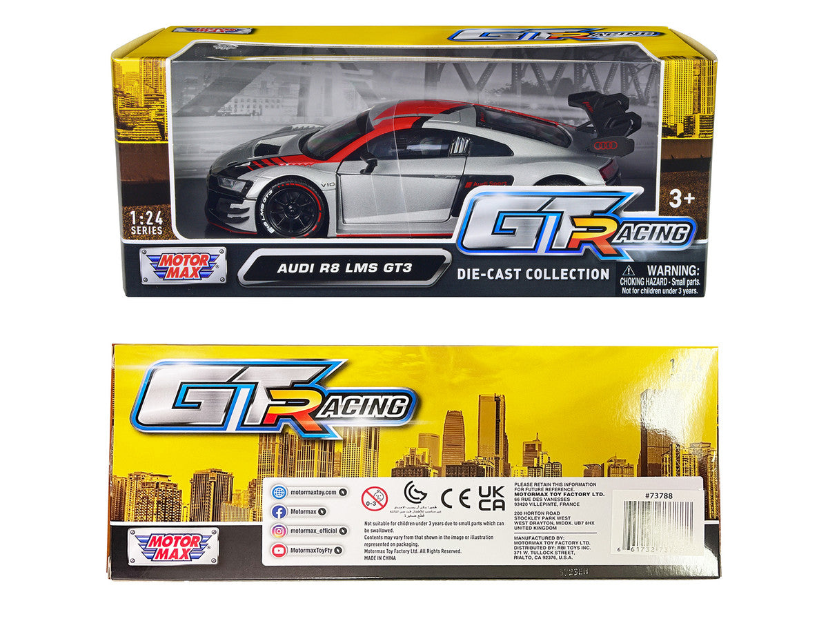 Audi R8 LMS GT3 Silver Metallic with Graphics "GT Racing" Series 1/24 Diecast Model Car by Motormax LuxuryLifeWay Online Store