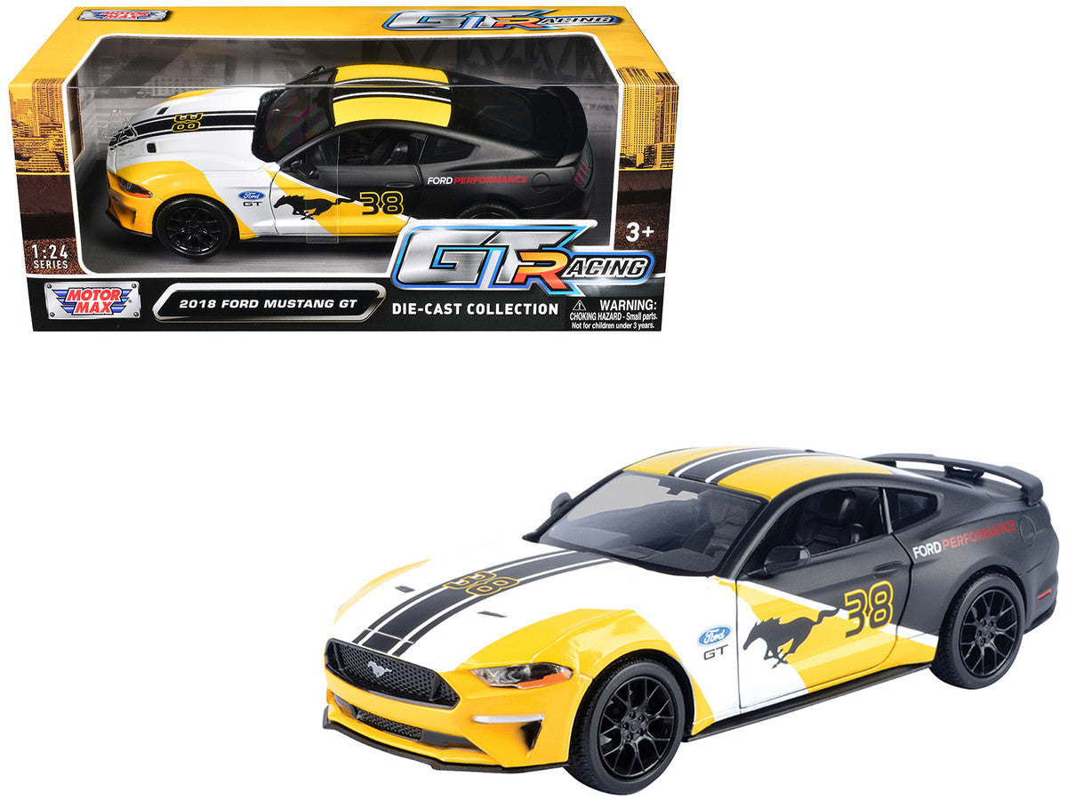 2018 Ford Mustang GT #38 White and Matt Black with Yellow Graphics "GT Racing" Series 1/24 Diecast Model Car by Motormax LuxuryLifeWay Online Store