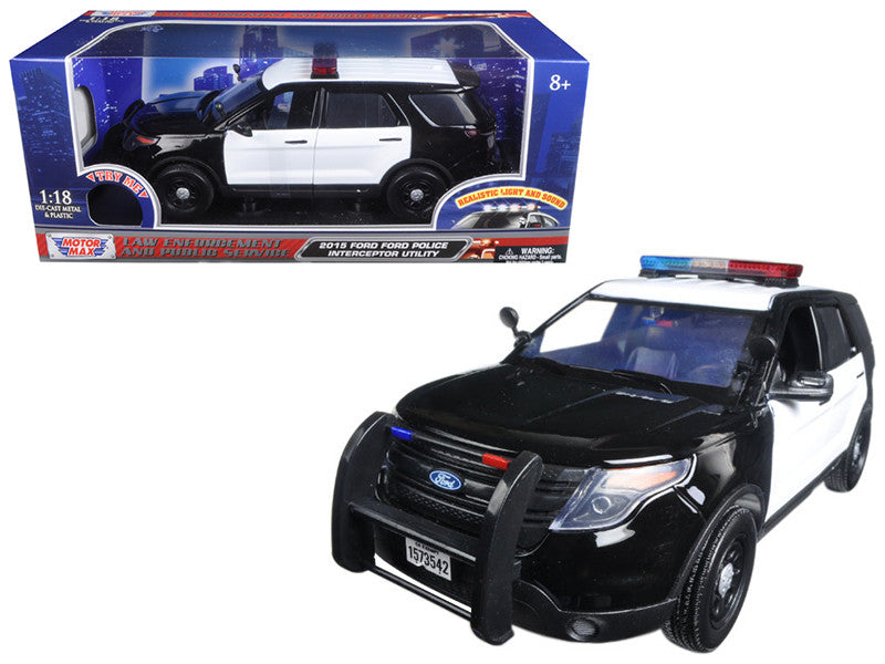 2015 Ford Police Interceptor Utility Black and White with Flashing Light Bar and Front and Rear Lights and 2 Sounds 1/18 Diecast Model Car by Motormax LuxuryLifeWay Online Store