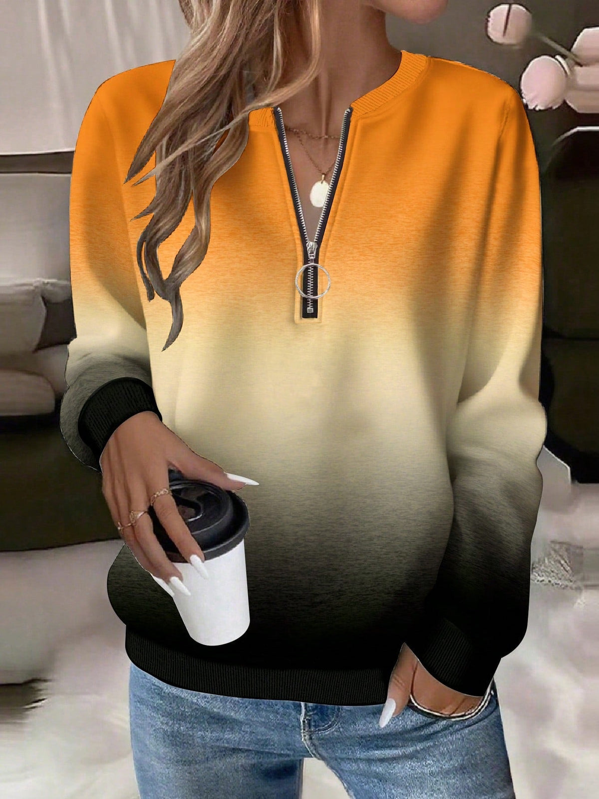2026 Fashion European And American Trend New Loose HalfZip Casual Women's Long Sleeve Hoodie NorixaFashion.com