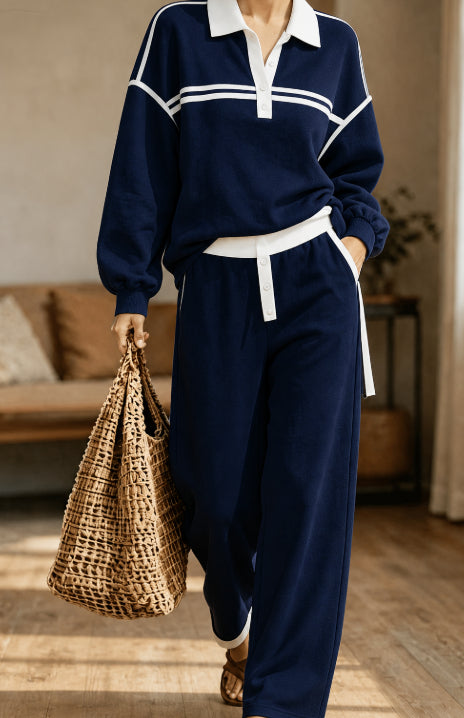 Collared Top And Loose Wide-leg Pants Set NorixaFashion.com