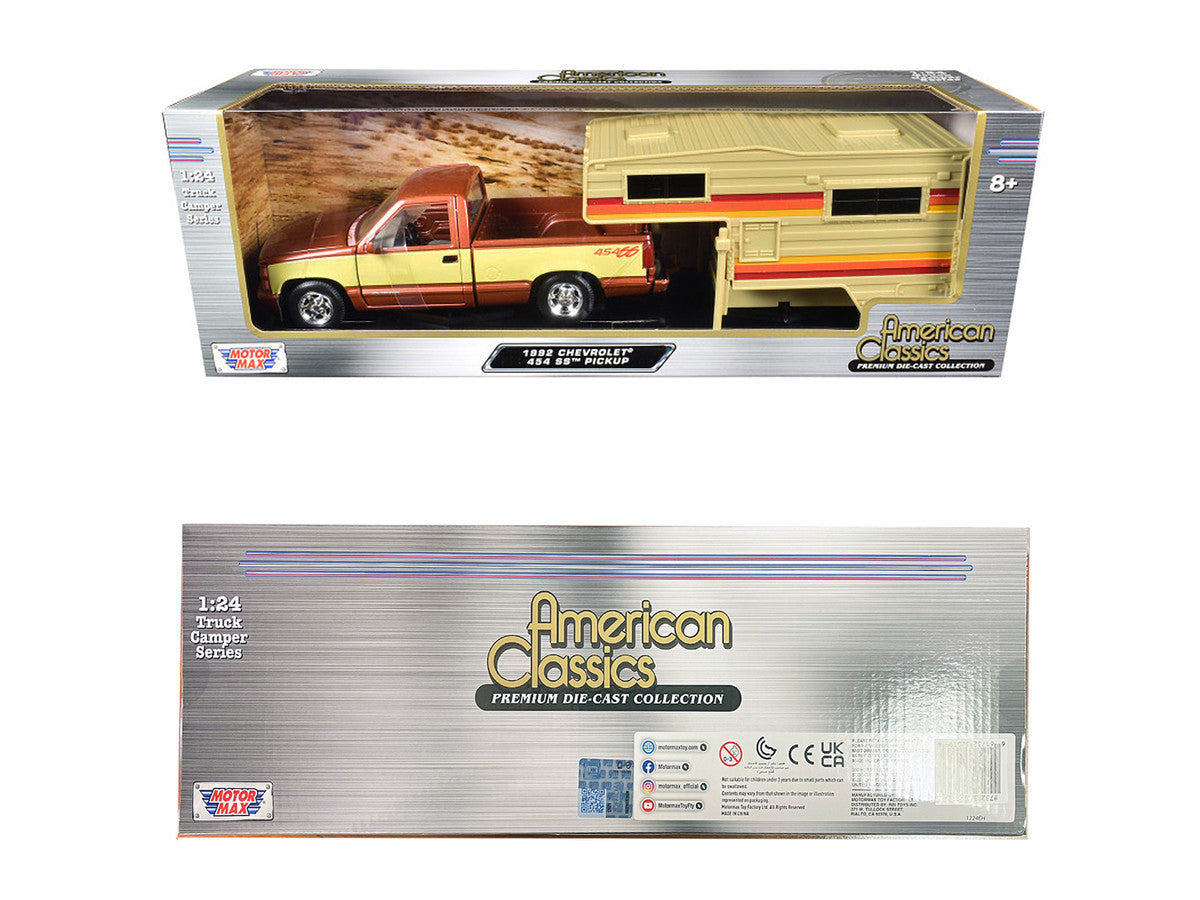 1992 Chevrolet 454 SS Pickup Truck Copper Metallic with Beige Sides with Camper Shell "American Classics" Series 1/24 Diecast Model Car by Motormax LuxuryLifeWay Online Store