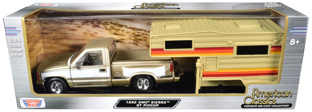 1992 GMC Sierra GT Pickup Truck Gold Metallic with White Sides with Camper Shell "American Classics" Series 1/24 Diecast Model Car by Motormax LuxuryLifeWay Online Store