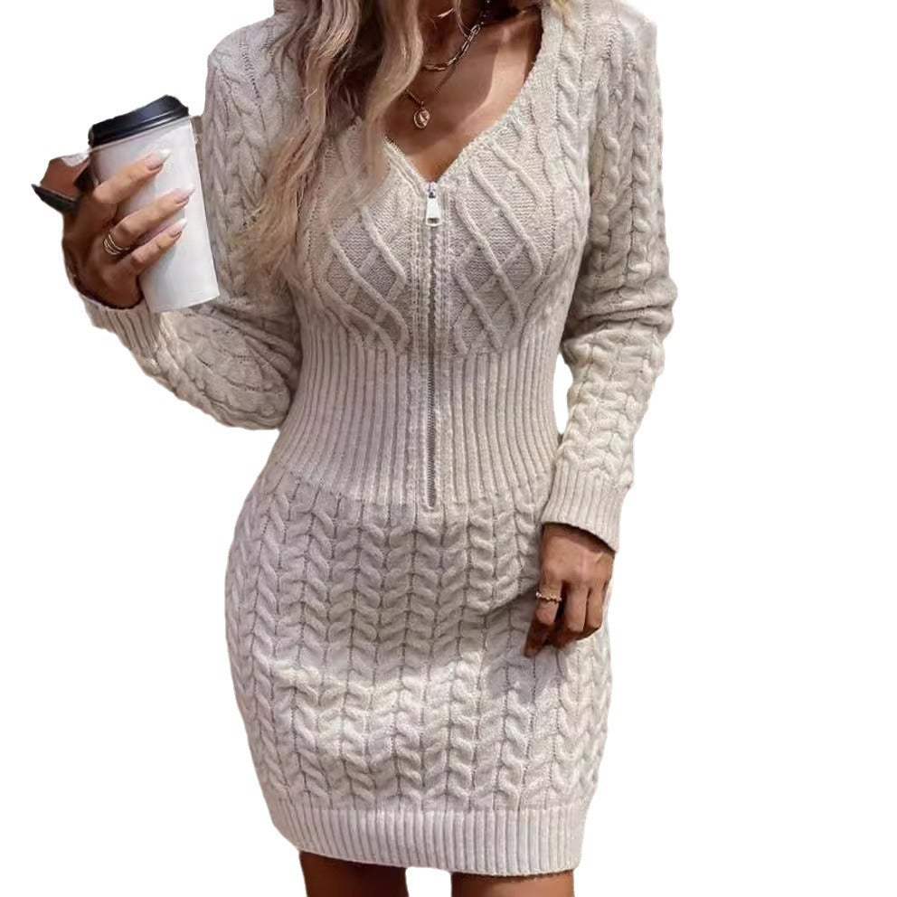 Embossed Zipper Casual Knitted Dress Women NorixaFashion.com