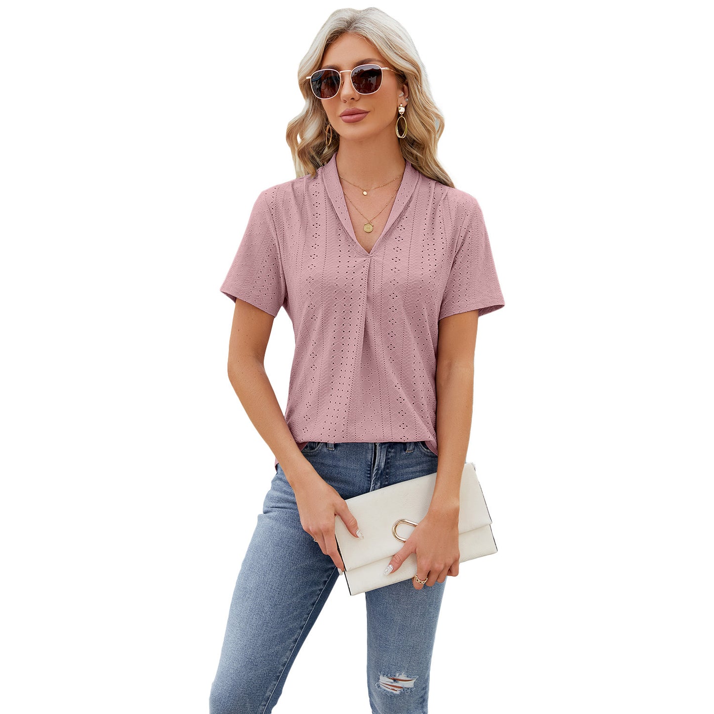 V-neck Hollow Design T-shirt Summer Loose Short-sleeved Top For Womens Clothing