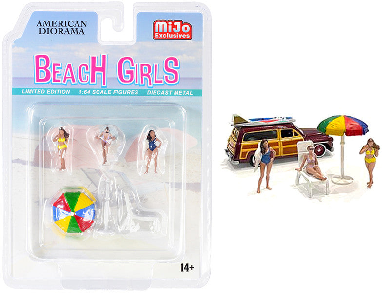 "Beach Girls" 5 piece Diecast Set (3 Figurines 1 Beach Chaise and 1 Beach Umbrella) for 1/64 Scale Models by American Diorama LuxuryLifeWay Online Store