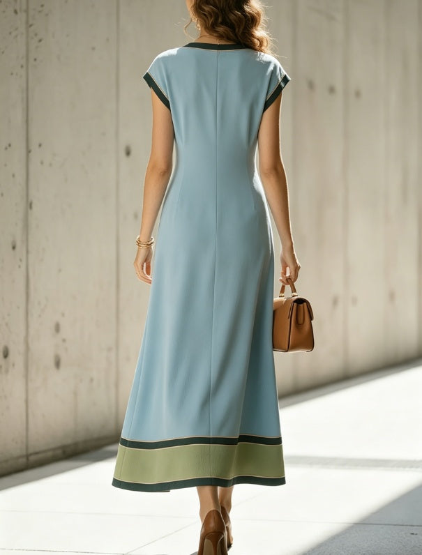 2026 New Haze Blue V-neck Contrasting Edge Waist Cinched Sleeveless Mid Length Temperament Dress NorixaFashion.com