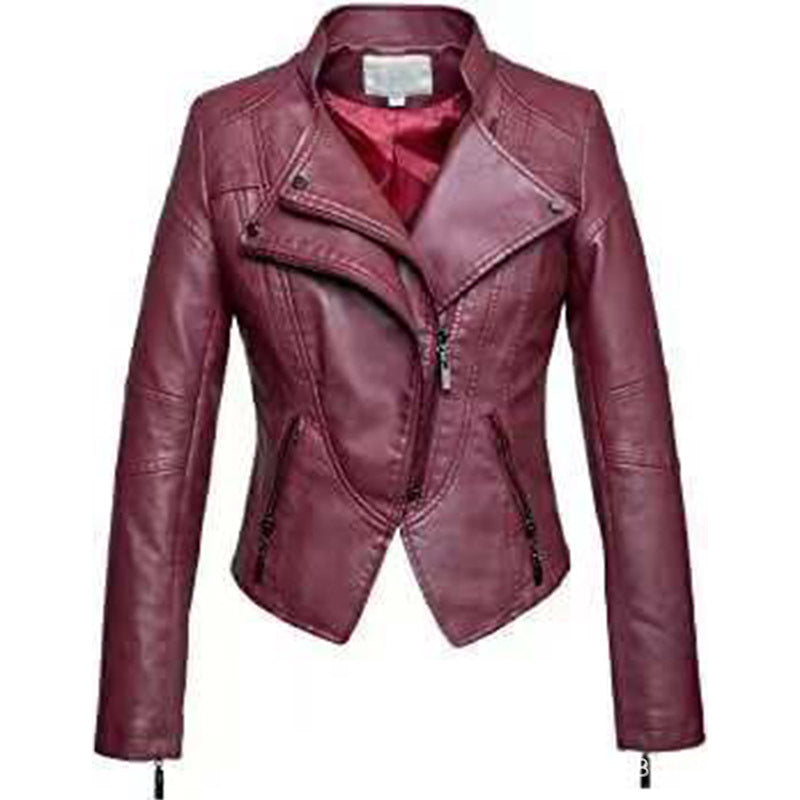 New Women's Leather Top Coat European And American Fashion Motorcycle Slim Fit Short Leather Jacket Jacket Zipper One Generation LadyShow.Store