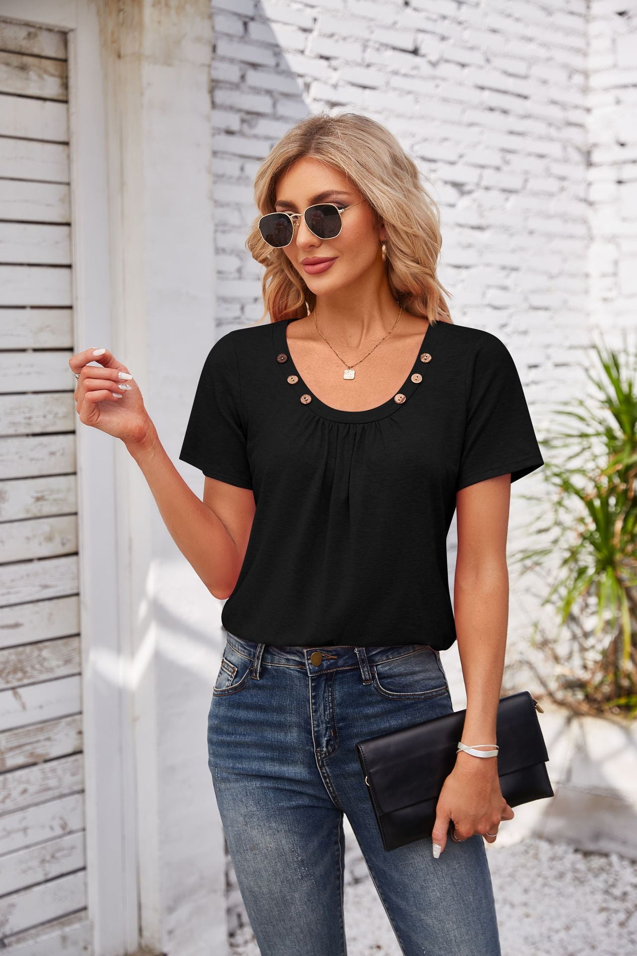 Women's Short-sleeved T-shirt Summer Button Square Collar Pleated Design Solid Color Loose T-shirt Womens Clothing