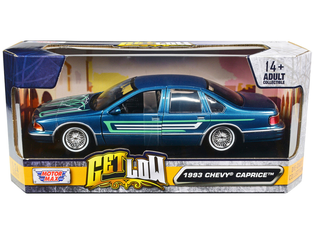 1993 Chevrolet Caprice Lowrider Blue Metallic with Graphics "Get Low" Series 1/24 Diecast Model Car by Motormax LuxuryLifeWay Online Store
